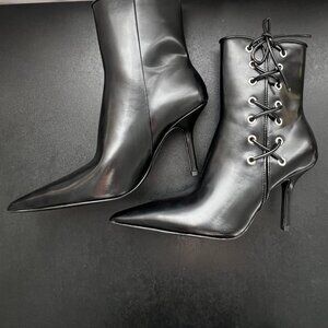 H&M Black Lace-Up Short Stiletto Ankle Boots Pointed Toe Size 37 New
